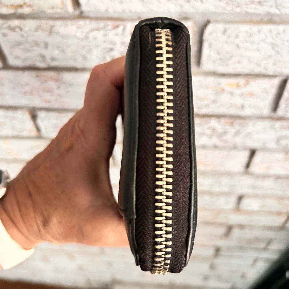 Coach Black Zip-Around Leather Wallet with Signature Medallion